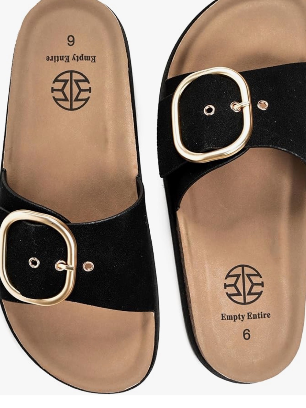 Black Slide Sandals with Gold Oval Buckle - Women's Casual Slip-On
